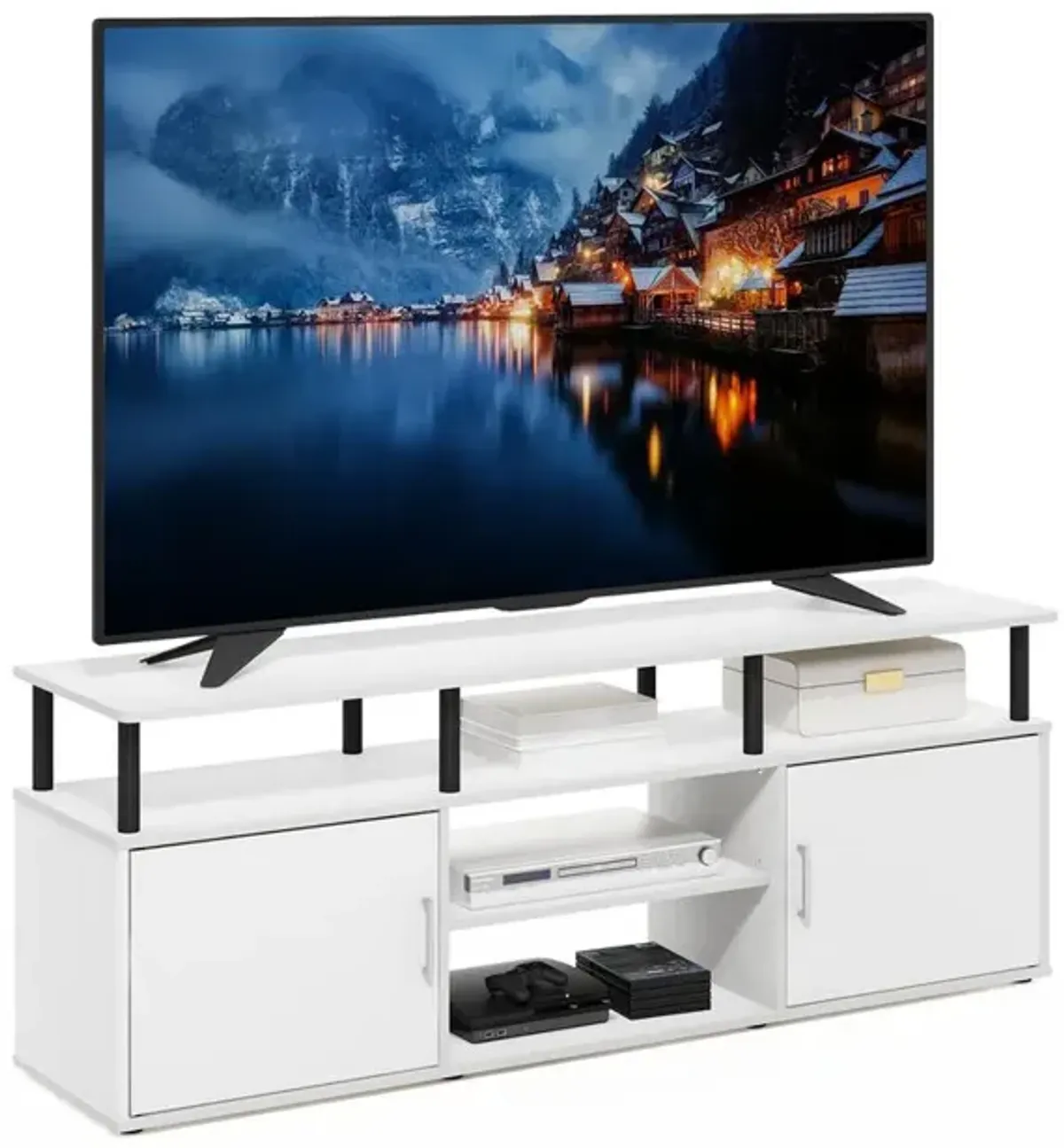 Furinno Jensen TV Stand for TV up to 70 Inch, Solid White/Black