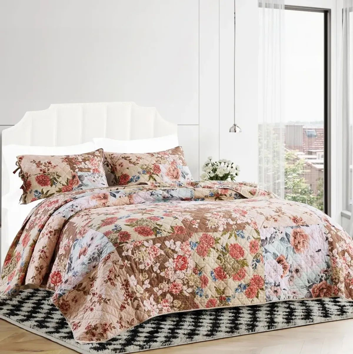 Rome 3 Piece Microfiber Reversible Floral Print Queen Quilt Set, Multicolor - Benzara