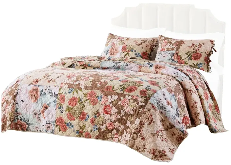 Rome 3 Piece Microfiber Reversible Floral Print Queen Quilt Set, Multicolor - Benzara