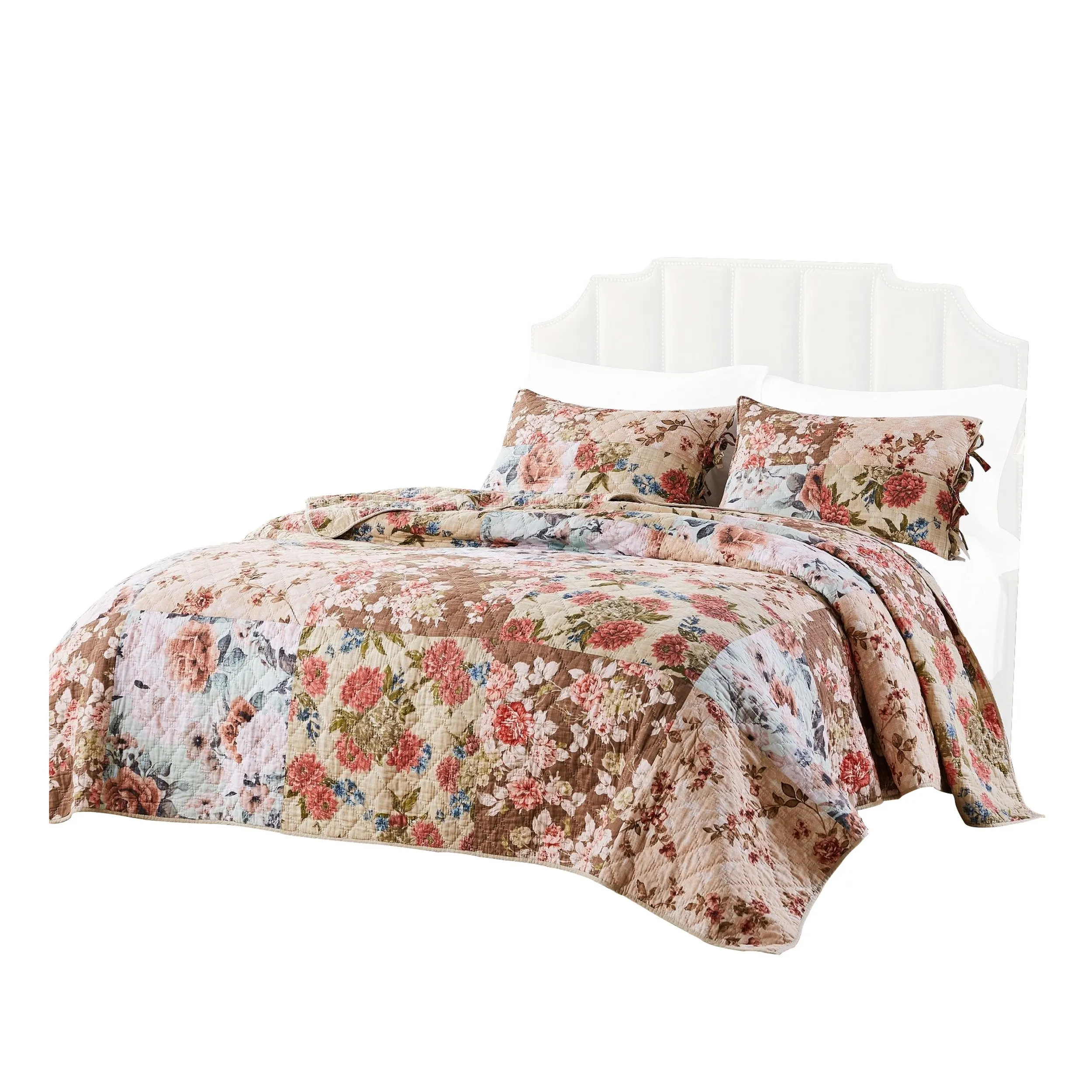 Rome 3 Piece Microfiber Reversible Floral Print Queen Quilt Set, Multicolor - Benzara