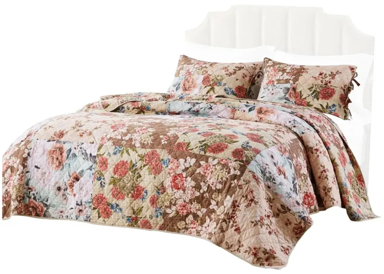 Rome 3 Piece Microfiber Reversible Floral Print Queen Quilt Set, Multicolor - Benzara