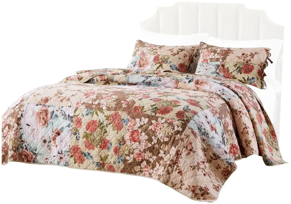 Rome 3 Piece Microfiber Reversible Floral Print Queen Quilt Set, Multicolor - Benzara