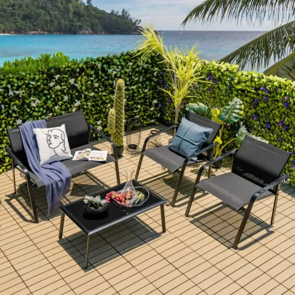 Hivvago 4 Pieces Patio Furniture Set with Armrest Loveseat Sofas and Glass Table Deck