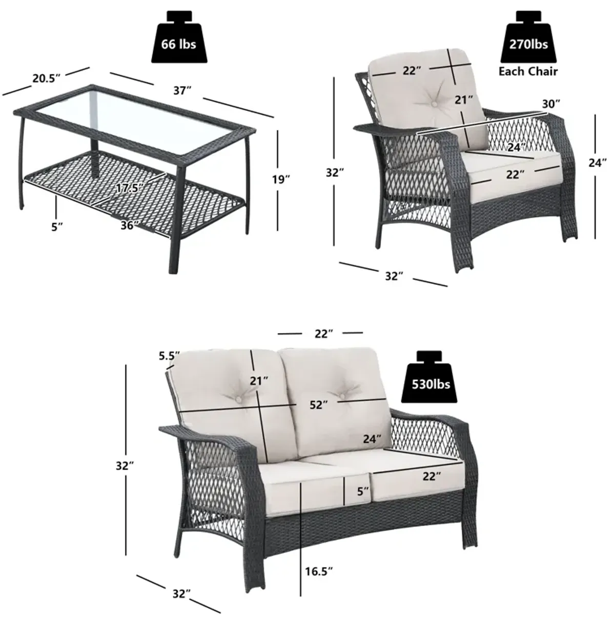 4 Pieces Patio Wicker Furniture Set Loveseat Sofa Coffee Table with Cushion-Beige