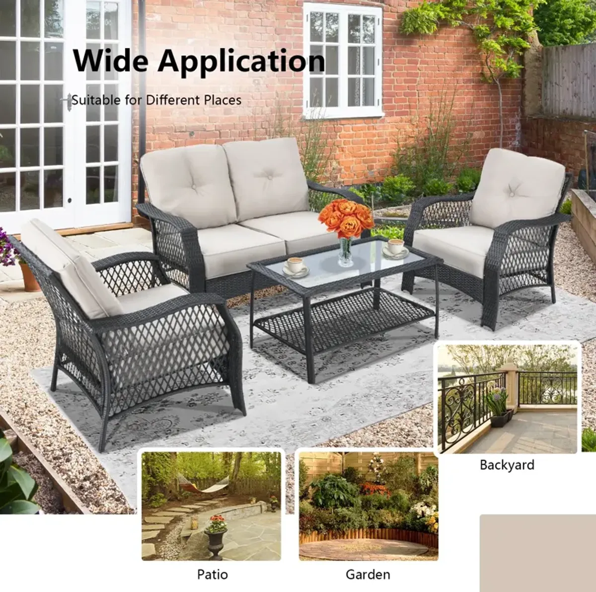 4 Pieces Patio Wicker Furniture Set Loveseat Sofa Coffee Table with Cushion-Beige