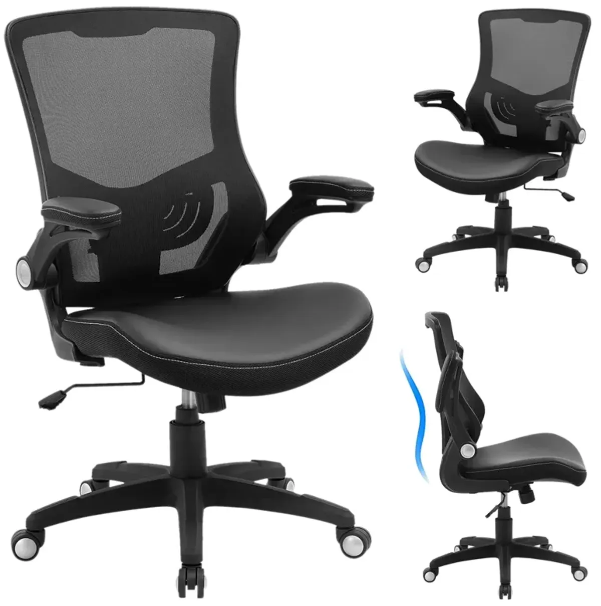 Office Chair Ergonomic Desk Chair, Computer PU Leather Home Office Desk Chair, Mesh Adjustable Lumbar Support Flip-up Armrests E