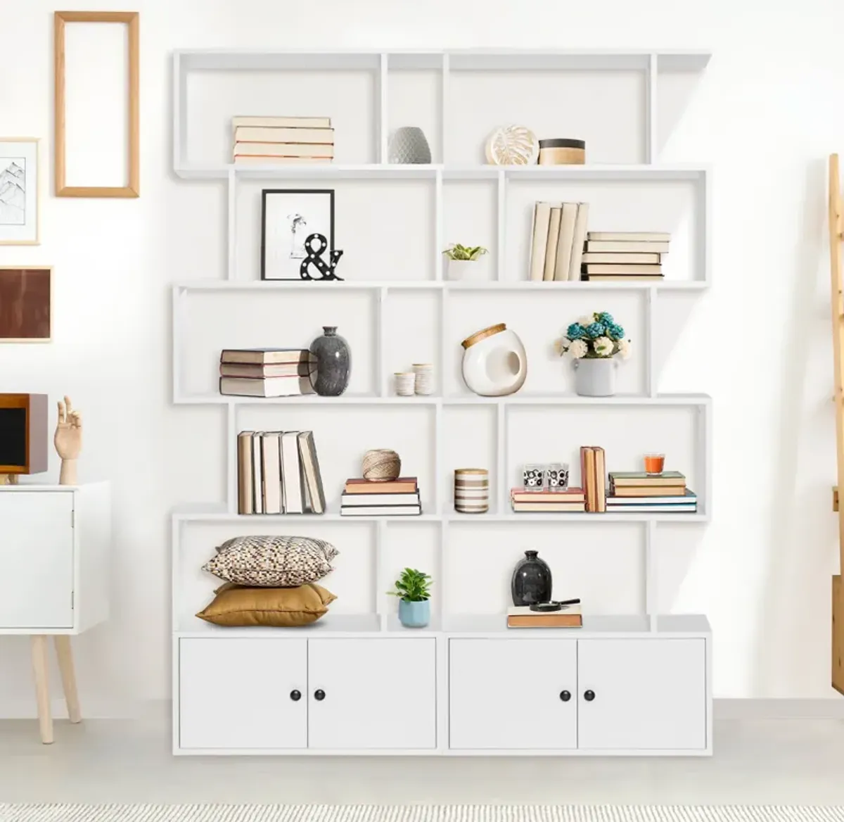 6-Tier S-Shaped Freestanding Bookshelf with Cabinet and Doors