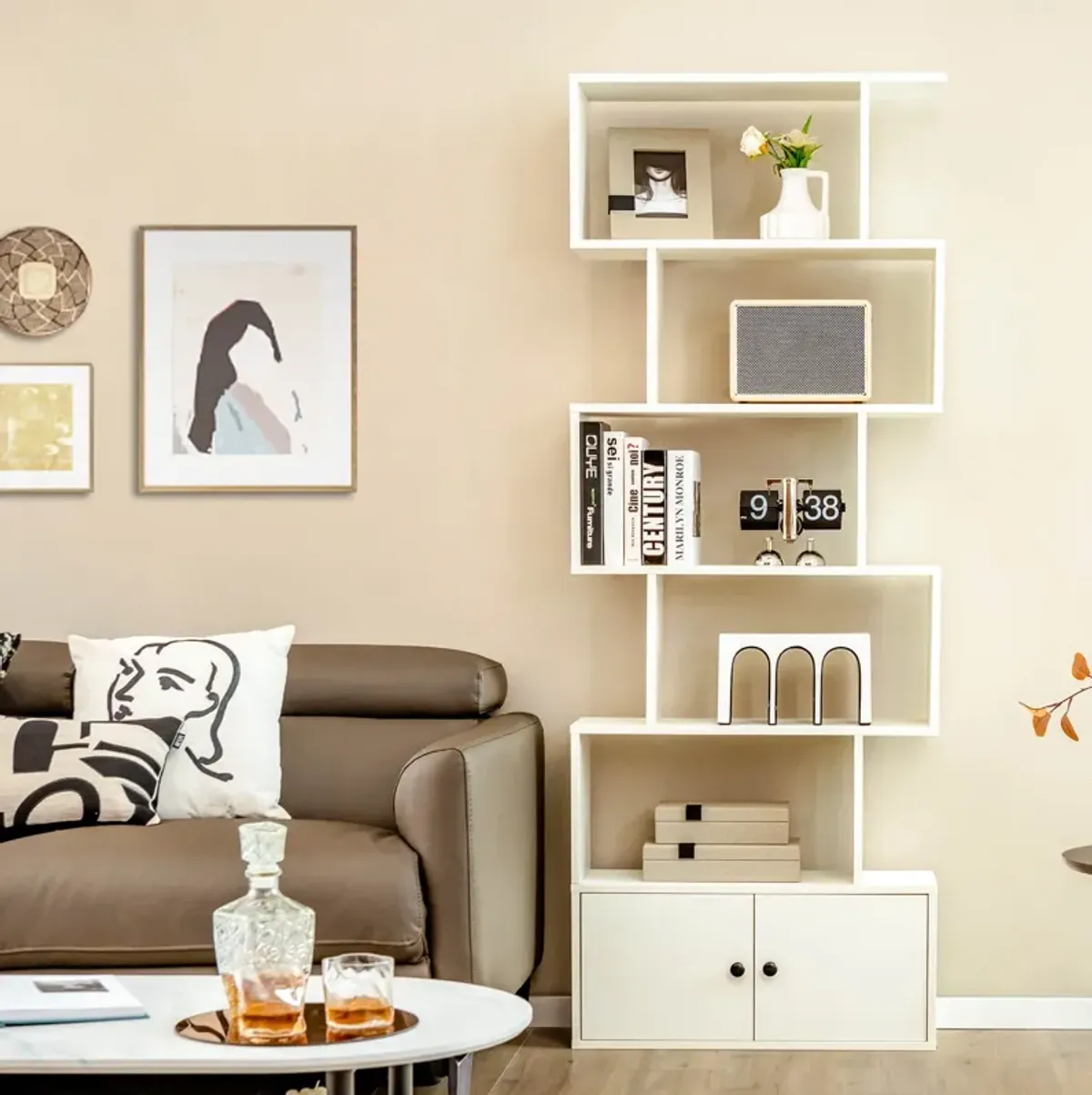 6-Tier S-Shaped Freestanding Bookshelf with Cabinet and Doors