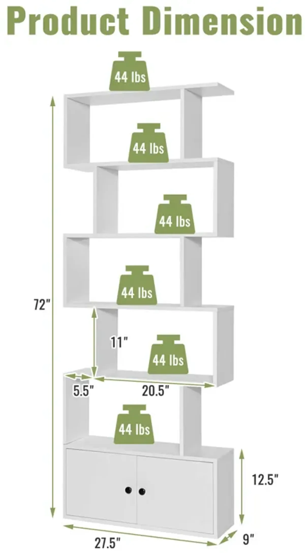 6-Tier S-Shaped Freestanding Bookshelf with Cabinet and Doors