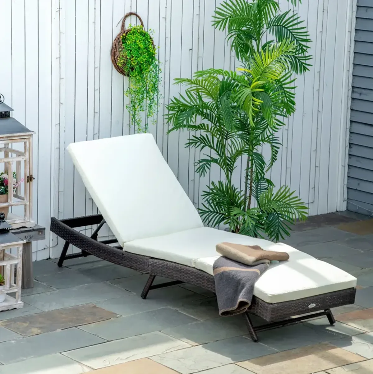 White Outdoor Lounger: Wicker Chair with Adjustable Backrest & Cushion