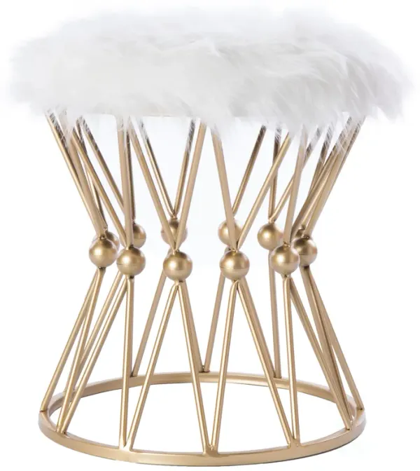 Round Gold Metal Stool with White Fur Top