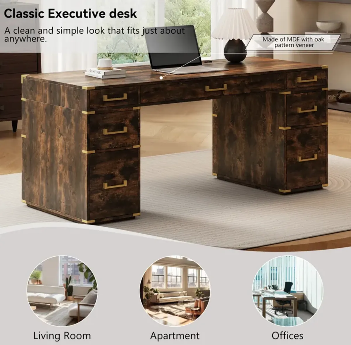 Merax 70"Classic Executive Desk with USB Ports