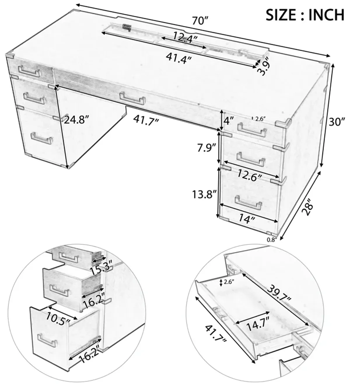 Merax 70"Classic Executive Desk with USB Ports