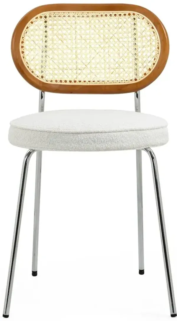 Glamour Home Set of 2 White Boucle Fabric Dining Chair Rattan Backrest and Chrome Legs