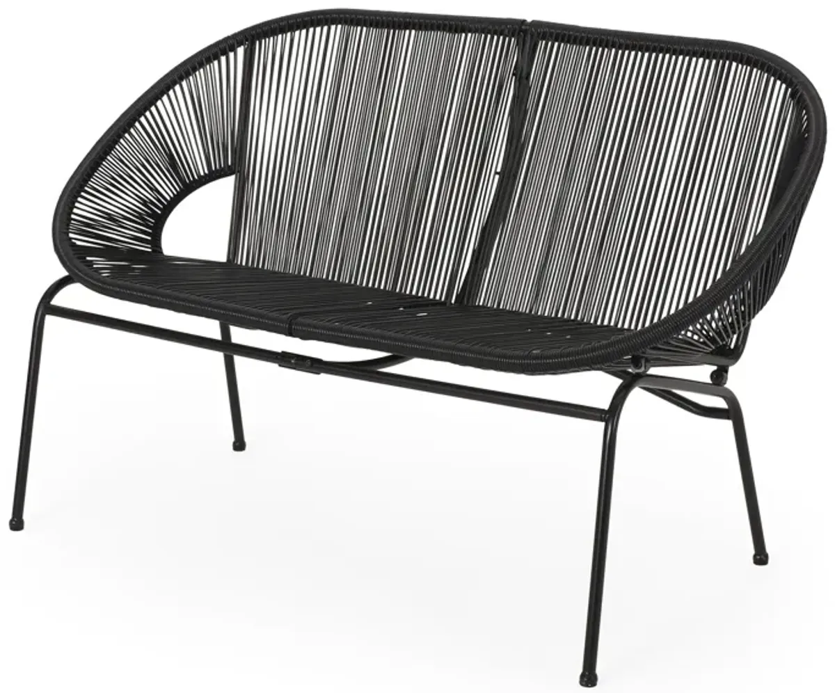 Remma Loveseat, Outdoor Rattan, Basket Woven, Black Iron Frame, 52 Inch