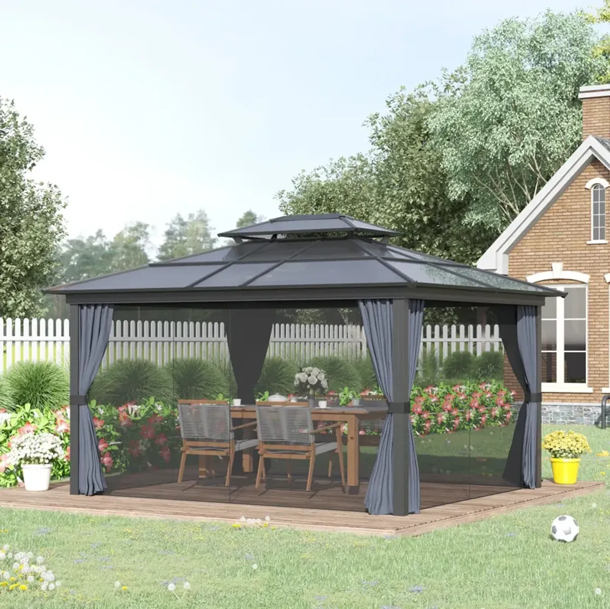 Black Alfresco Elegance: 10x12 Aluminum Hardtop Gazebo with Curtains