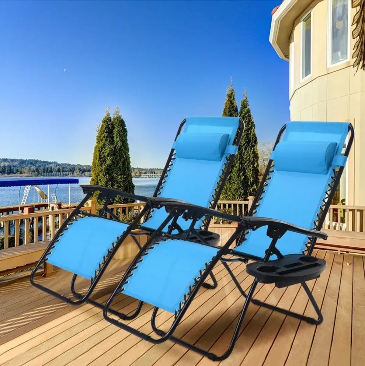 Hivvago Set of 2 Blue Folding Outdoor Zero Gravity Lounge Chair Recliner