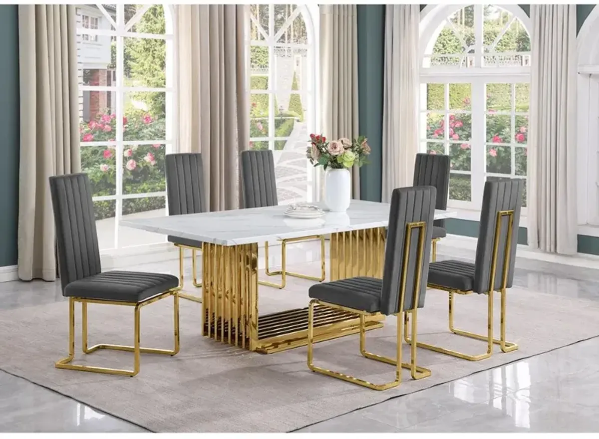 Best Quality Furniture 7pc Large(79) marble top dining set with gold base and 6 Dark grey side chairs
