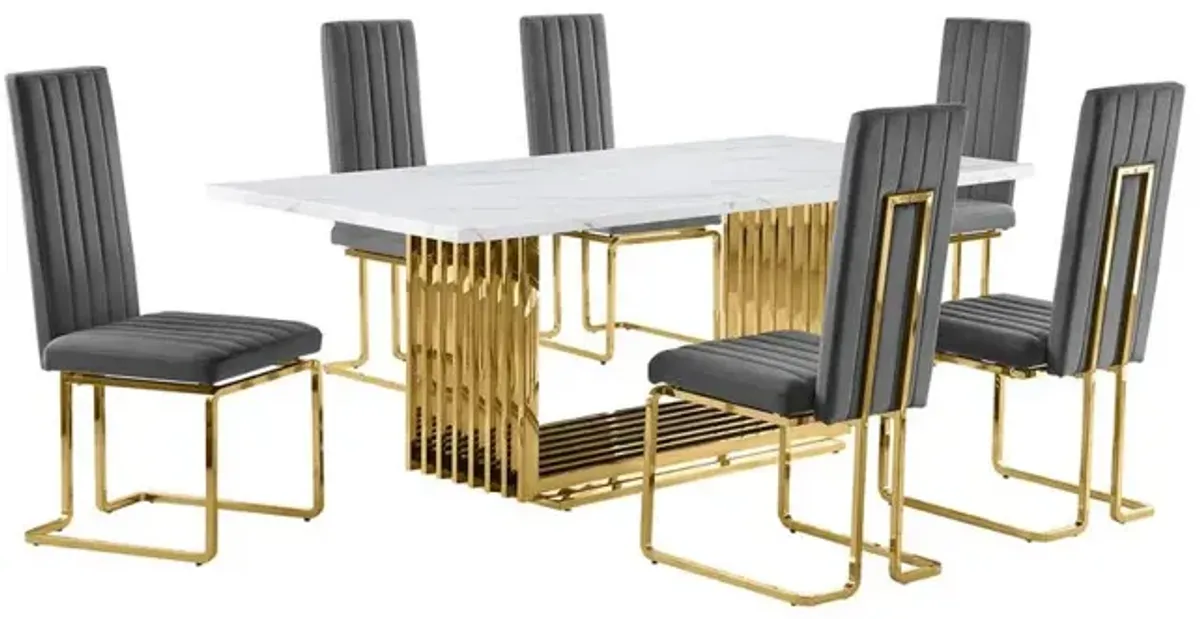 Best Quality Furniture 7pc Large(79) marble top dining set with gold base and 6 Dark grey side chairs