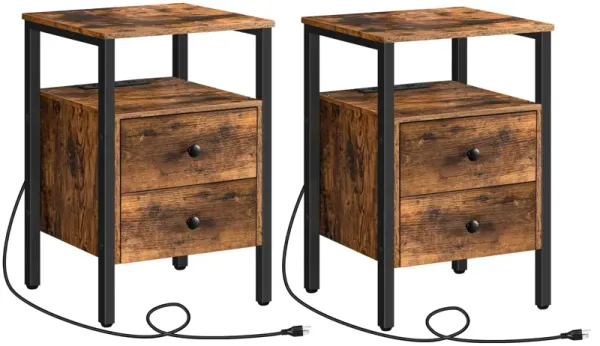 HOOBRO End Table with Charging Station and USB Ports, Side Table with Drawers and Storage Shelf, Set of 2, Bedside Table for Sma