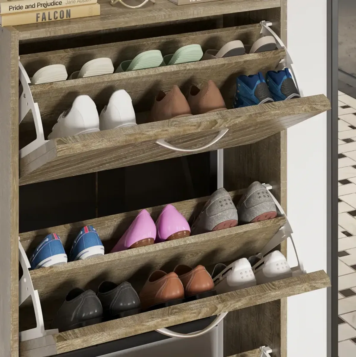 Natural Color 18-Pair Shoe Storage Cabinet with 3-Drawers and 6-Compartments and Wood Grain