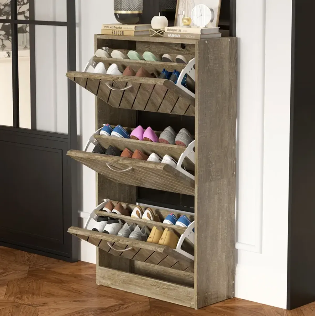 Natural Color 18-Pair Shoe Storage Cabinet with 3-Drawers and 6-Compartments and Wood Grain