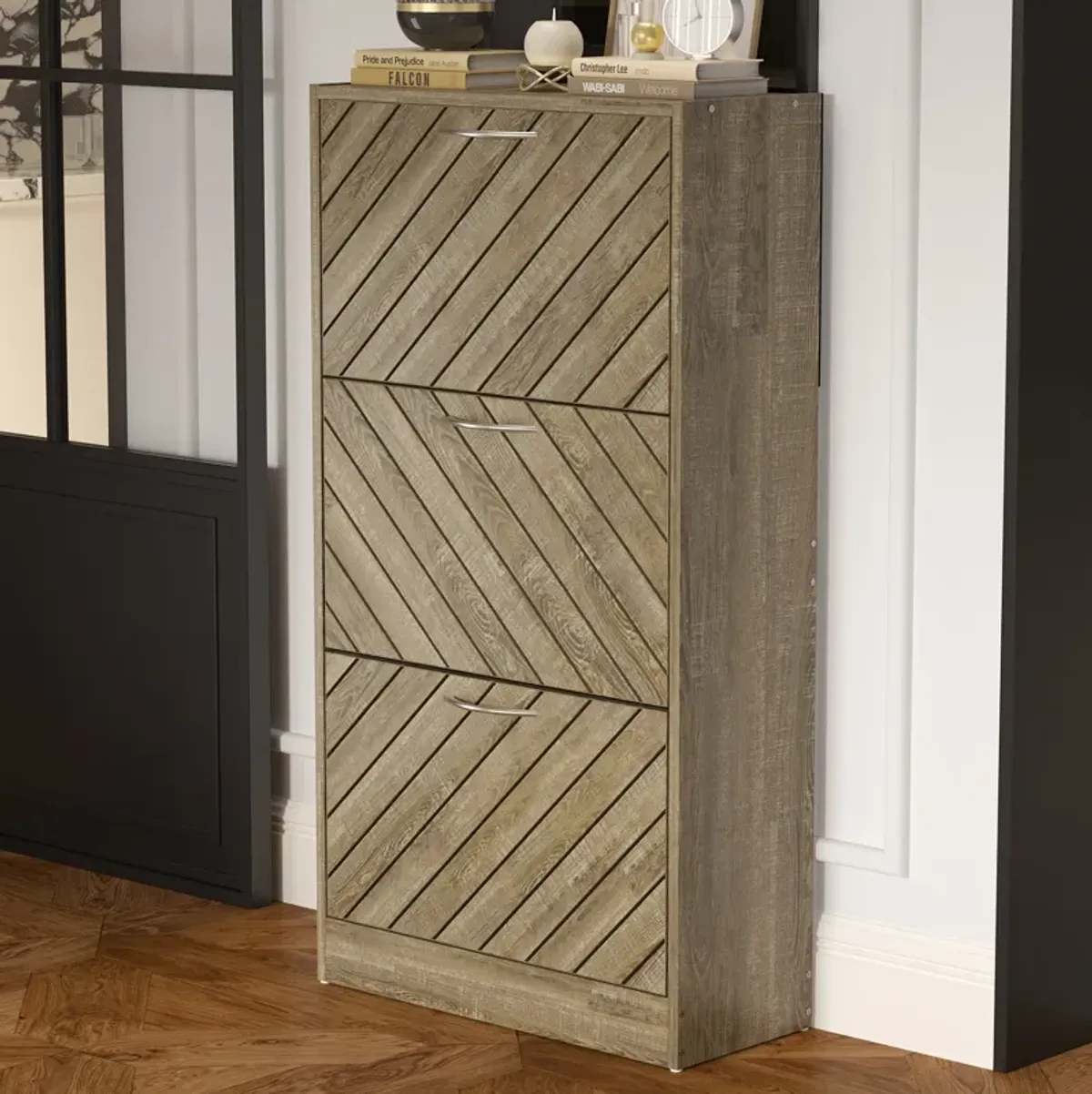 Natural Color 18-Pair Shoe Storage Cabinet with 3-Drawers and 6-Compartments and Wood Grain