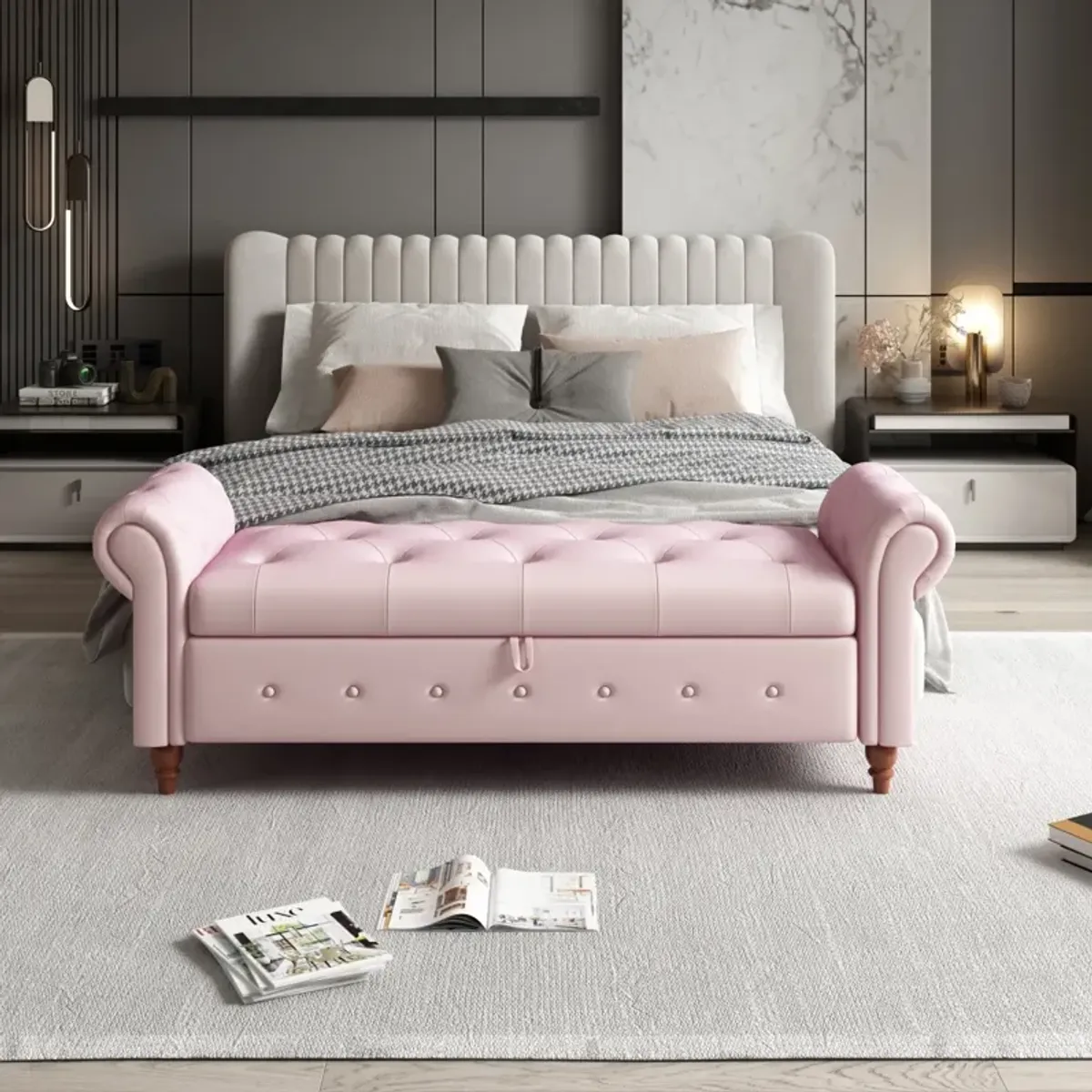 Bed Bench Pink Velvet