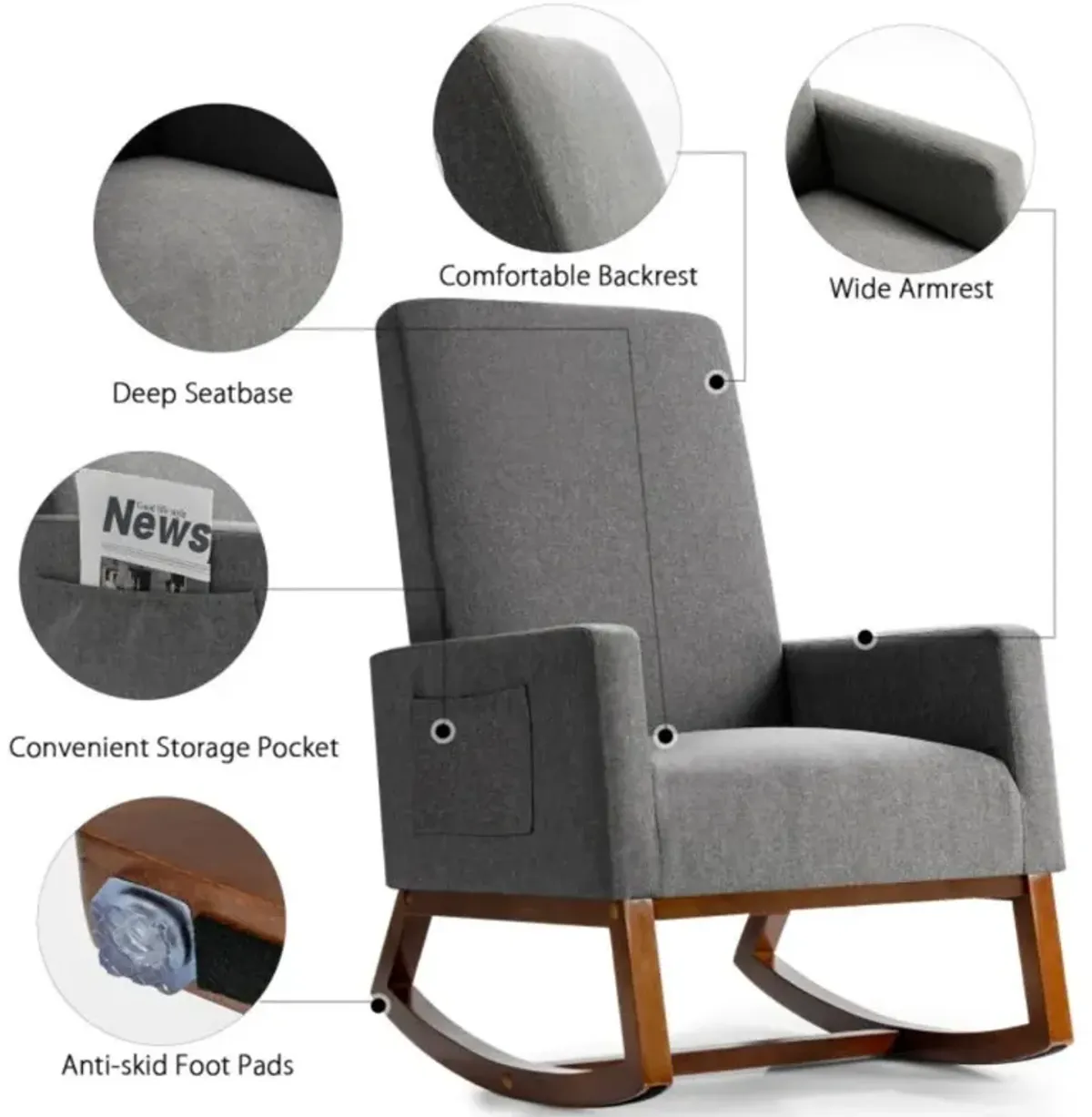 Hivvago Rocking High Back Upholstered Lounge Armchair with Side Pocket