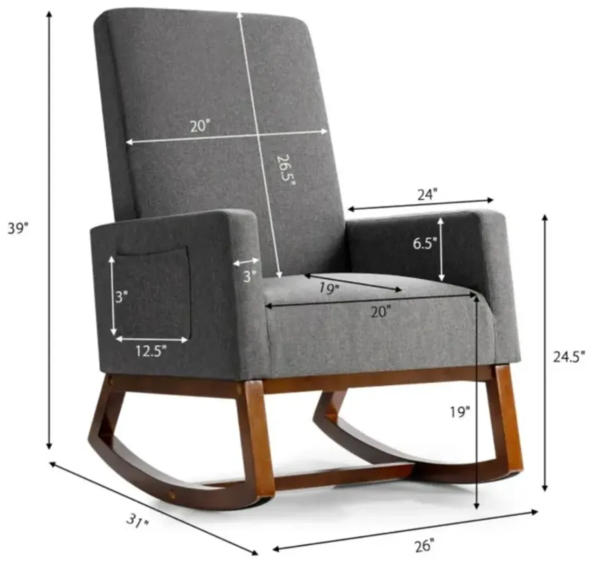 Hivvago Rocking High Back Upholstered Lounge Armchair with Side Pocket