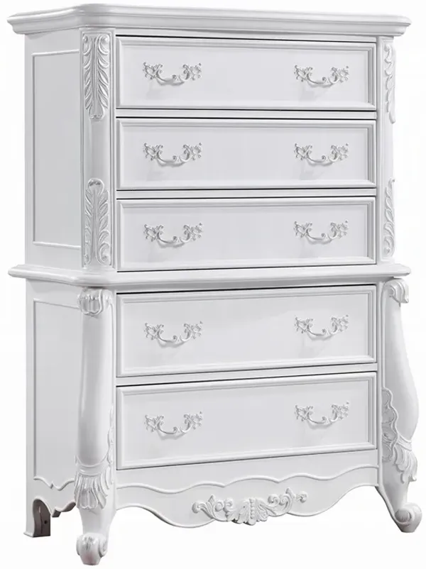 Maver Tall Dresser Chest with 5 Drawer, Scrolled Details, White Wood - Benzara