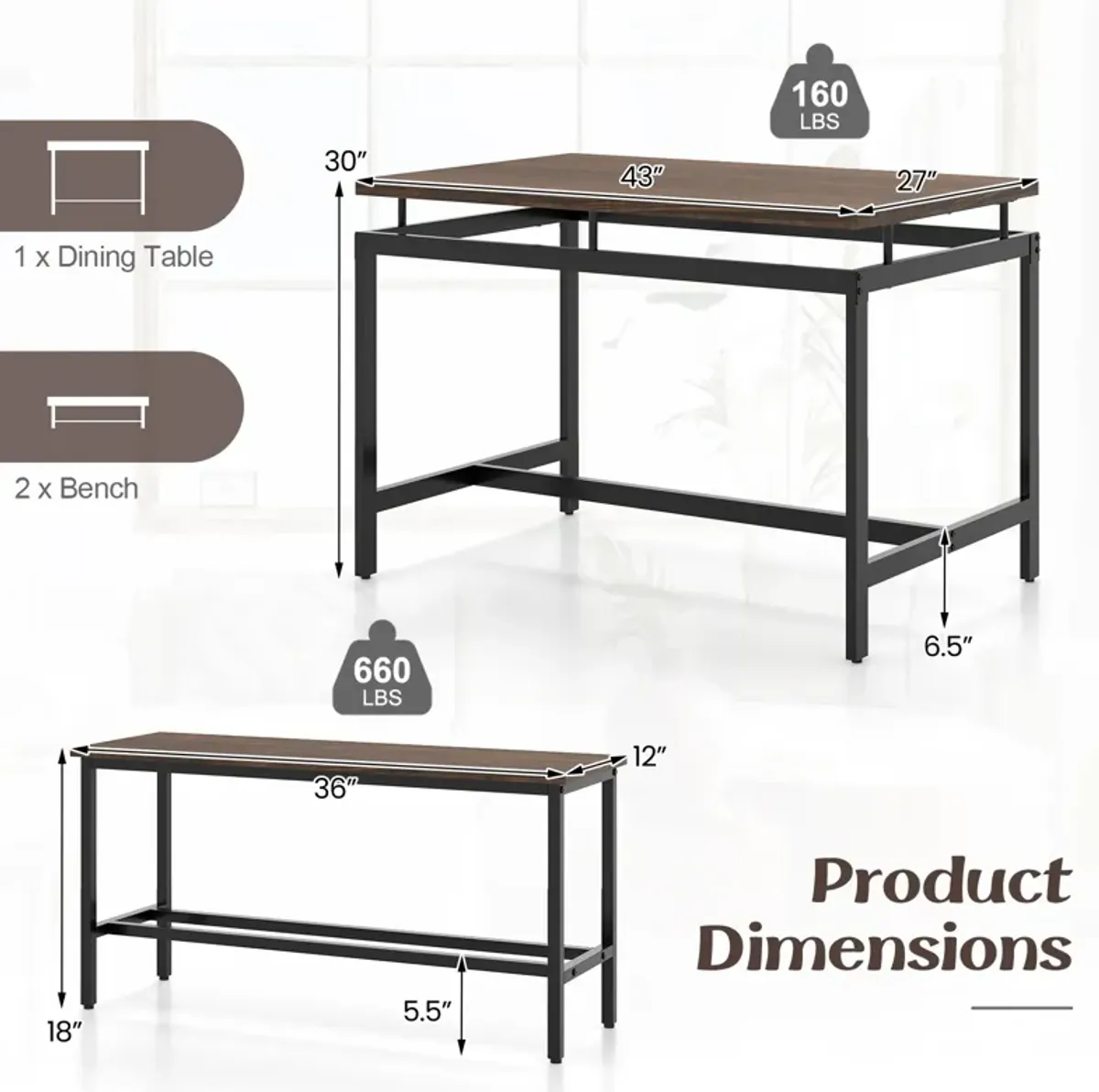 3 Pieces Dining Table Set with Wooden Kitchen Table and 2 Benches