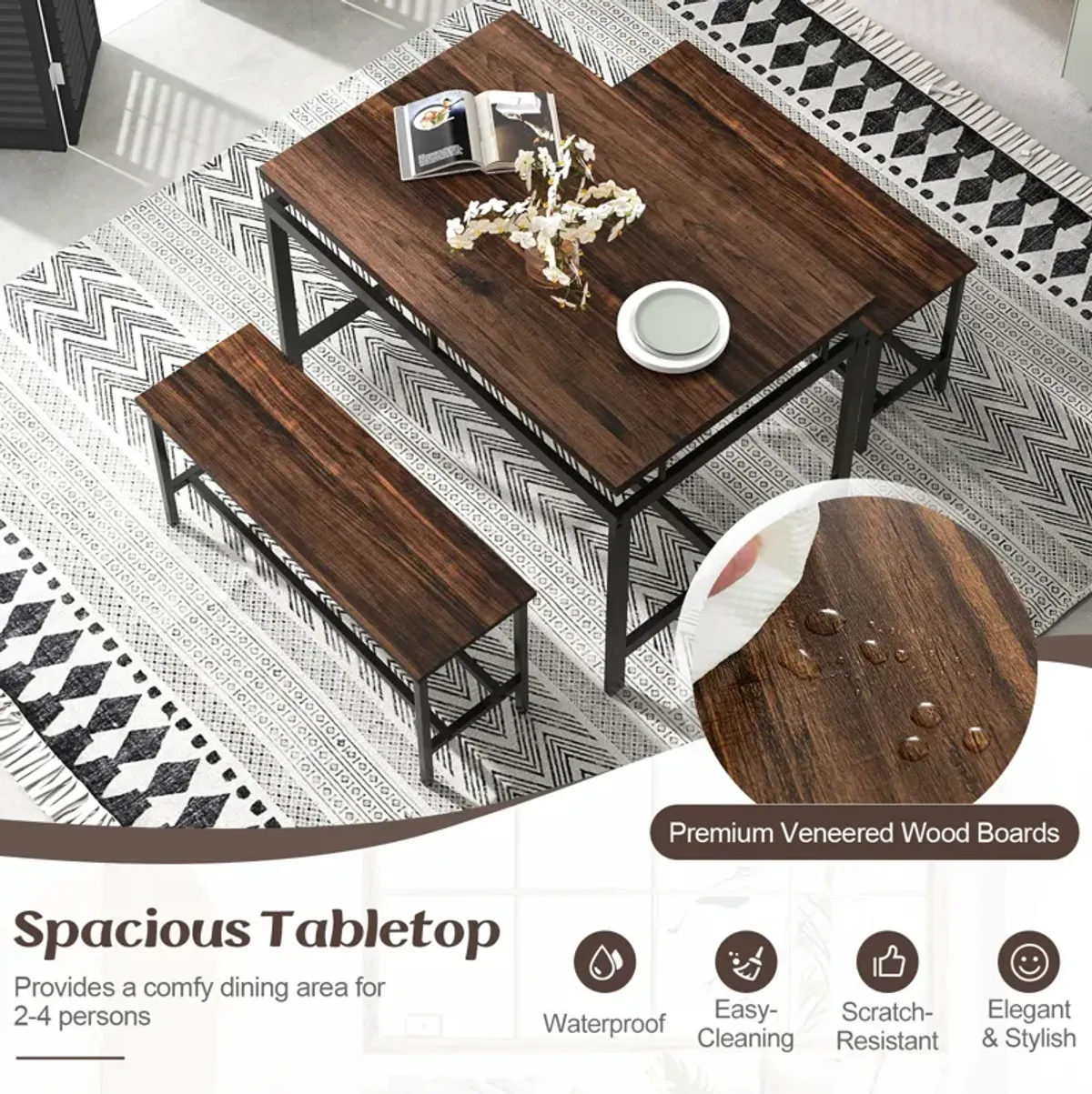 3 Pieces Dining Table Set with Wooden Kitchen Table and 2 Benches