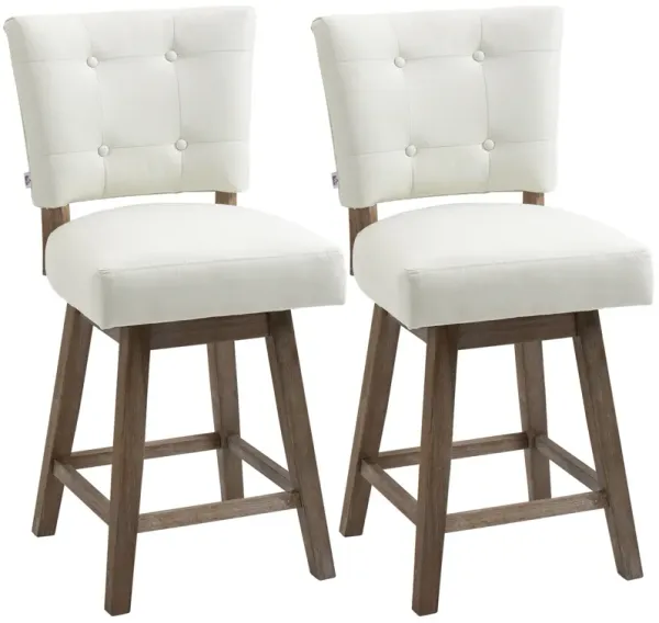 Cream White Bar Stools: Set of 2 Fabric Tufted Swivel Stools with Rubber Wood Legs
