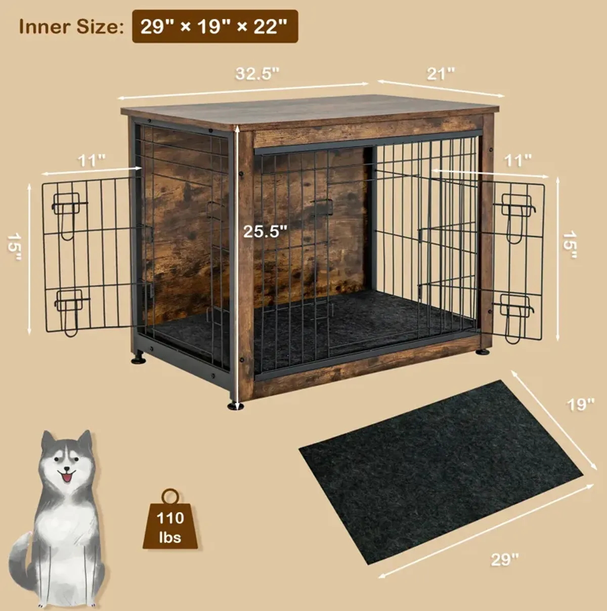 Wooden Dog Crate Furniture with Tray and Double Door-Brown