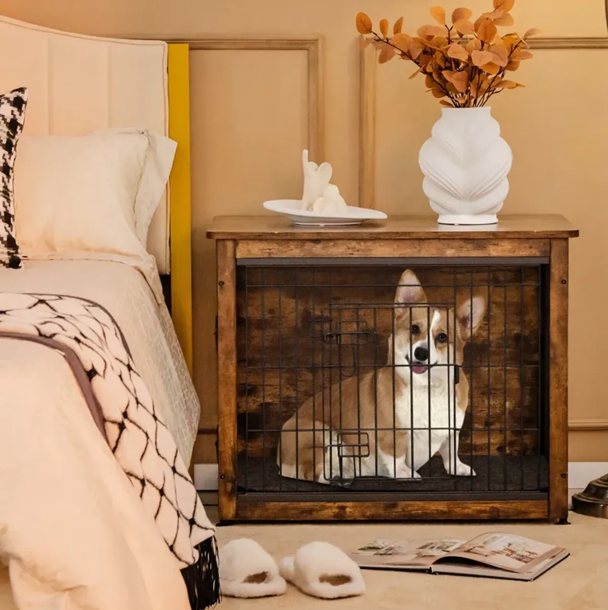 Wooden Dog Crate Furniture with Tray and Double Door-Brown