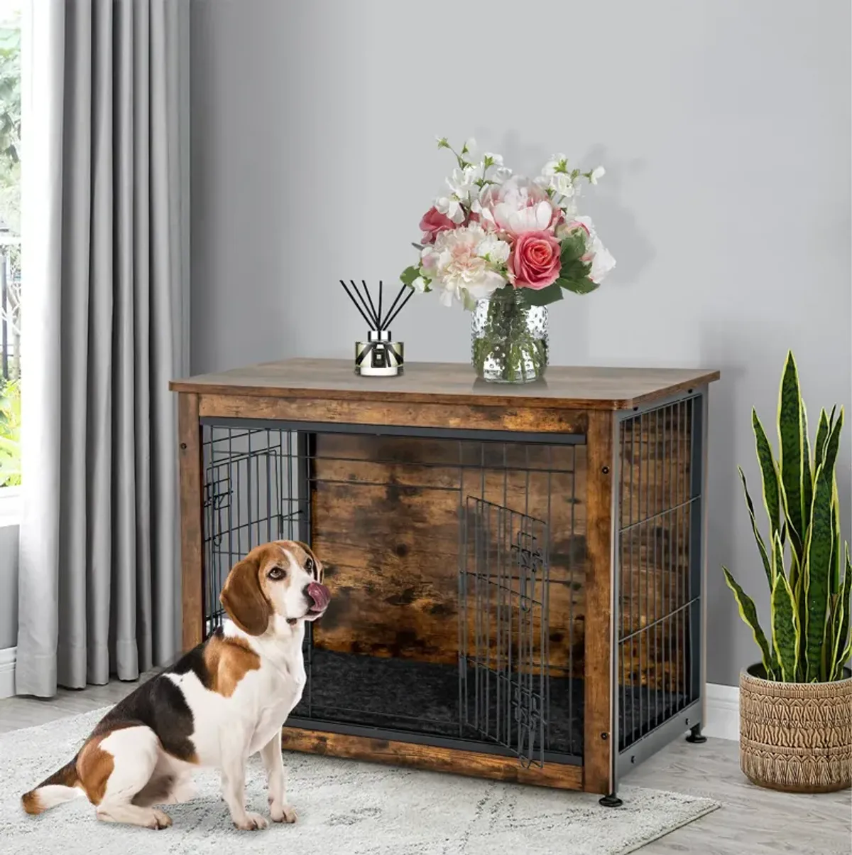 Wooden Dog Crate Furniture with Tray and Double Door-Brown