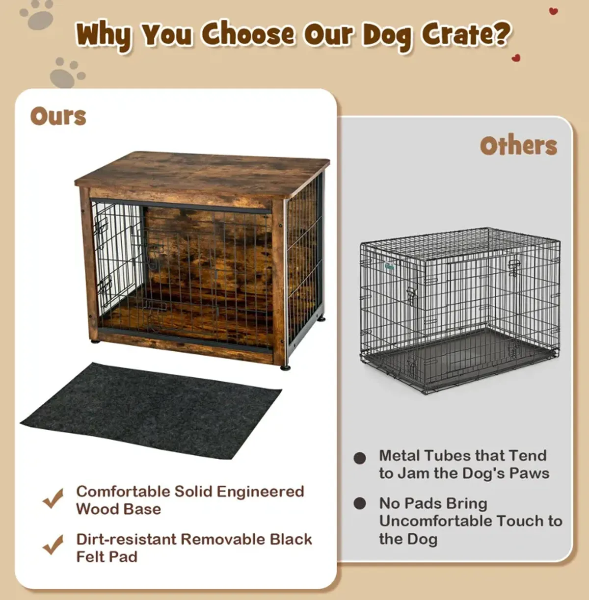 Wooden Dog Crate Furniture with Tray and Double Door-Brown