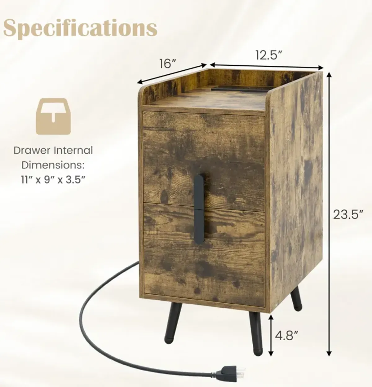 Nightstand Side Tables with 2 Drawers and 2 USB Ports-Rustic Brown