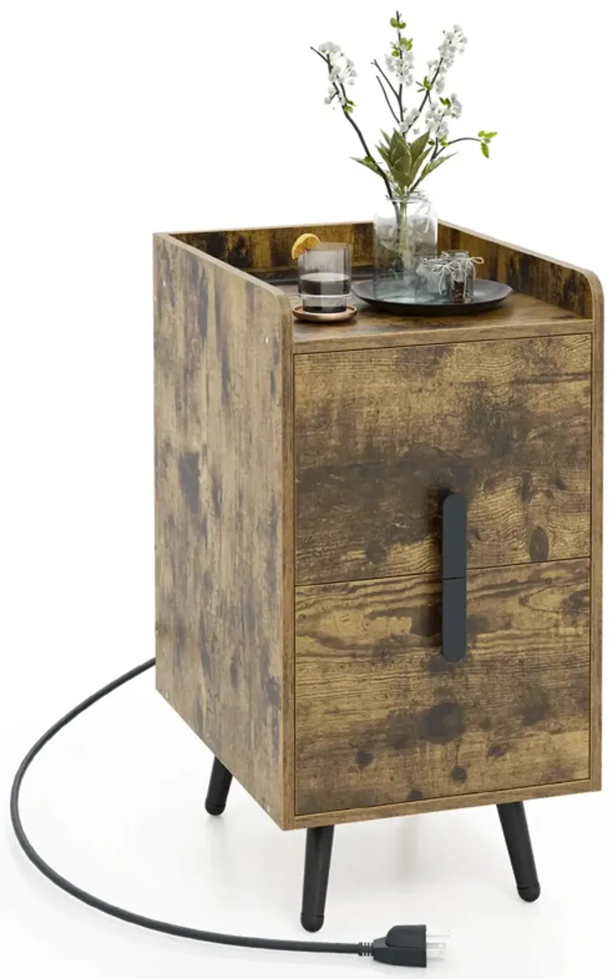 Nightstand Side Tables with 2 Drawers and 2 USB Ports-Rustic Brown