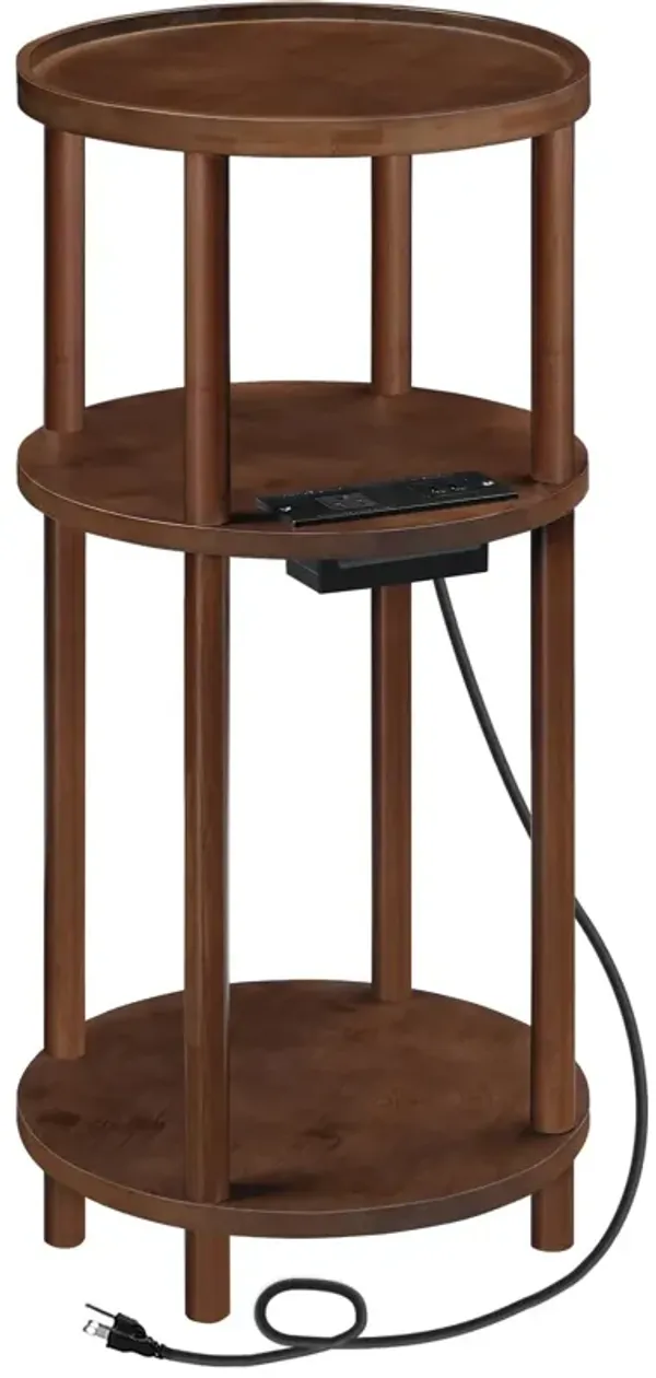 HOOBRO Small Round Side Table with Charging Station, 3-Tier Round Bamboo End Table, Compact Sofa Bedside Table for Small Space,