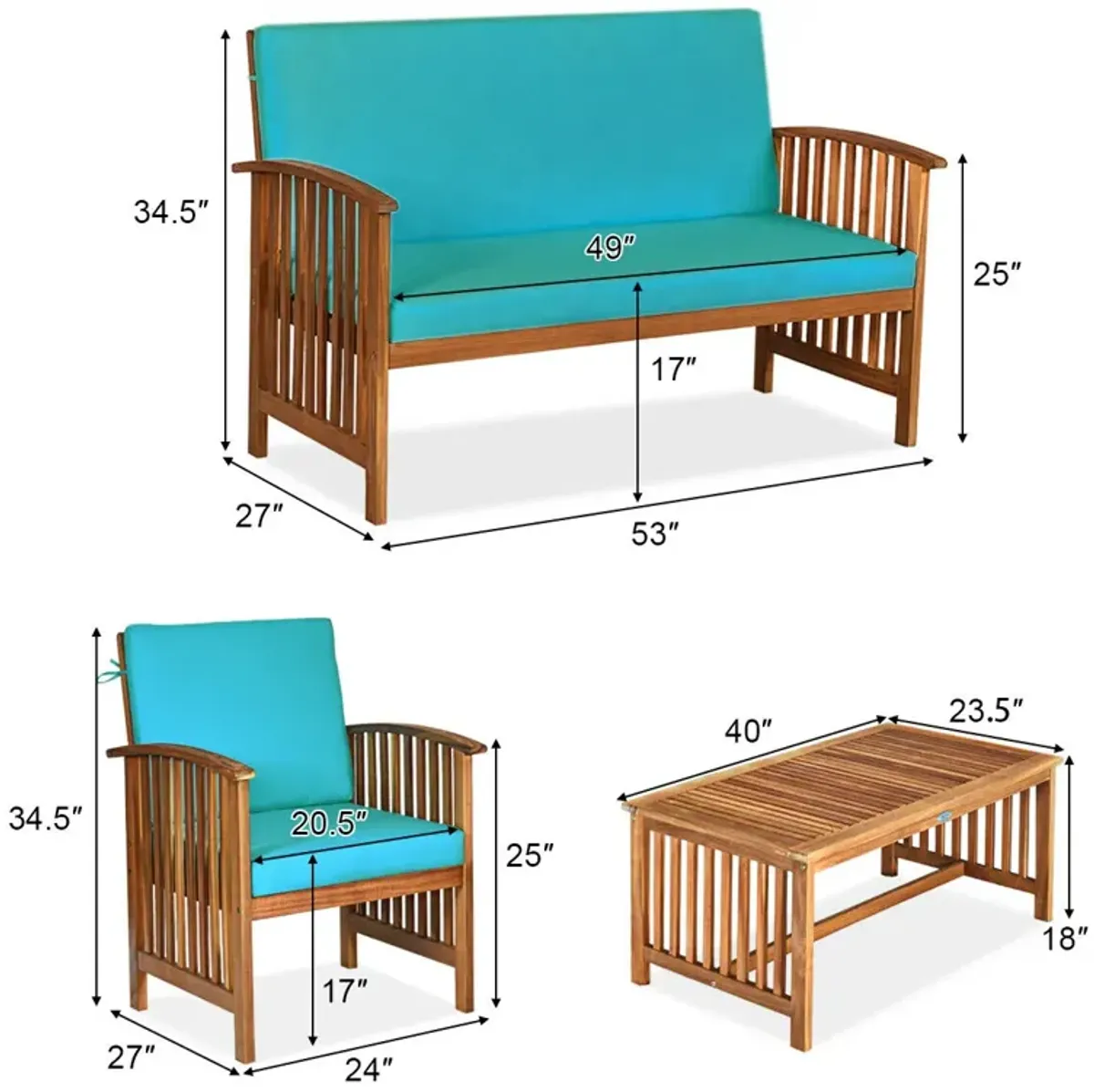 4 Pieces Patio Solid Wood Furniture Set