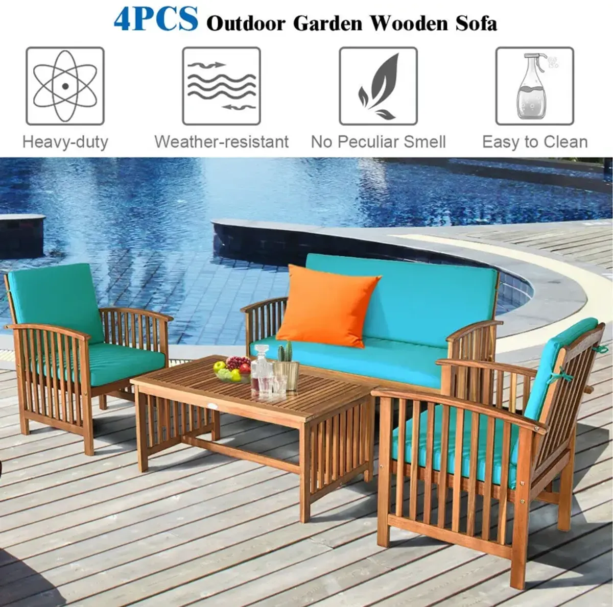 4 Pieces Patio Solid Wood Furniture Set