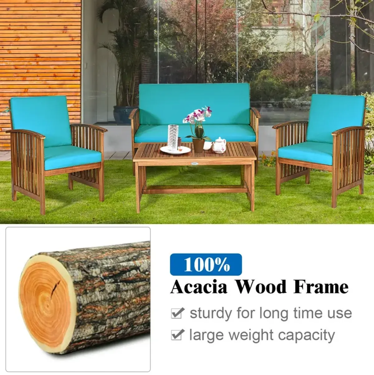 4 Pieces Patio Solid Wood Furniture Set