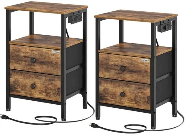 YATINEY Nightstands Set of 2, Night Stand with Charging Station and USB Ports, Bedside Tables with 2 Non-Woven Drawers, Industri