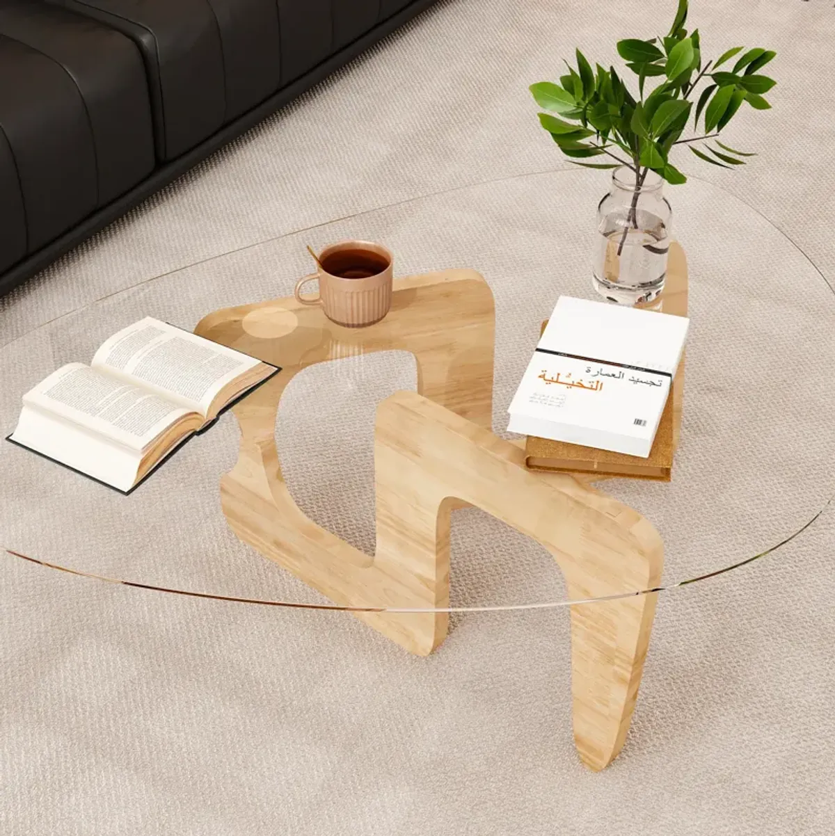 FUFU&GAGA Modern Coffee Table with Tempered Glass Top and Solid Rubberwood Base, Natural Finish (45.3" W x 27.6" D x 15.9" H), Clear glass