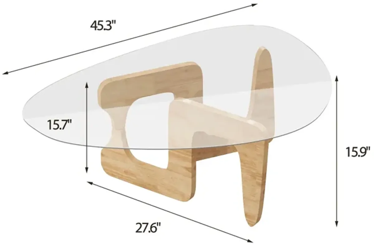 FUFU&GAGA Modern Coffee Table with Tempered Glass Top and Solid Rubberwood Base, Natural Finish (45.3" W x 27.6" D x 15.9" H), Clear glass