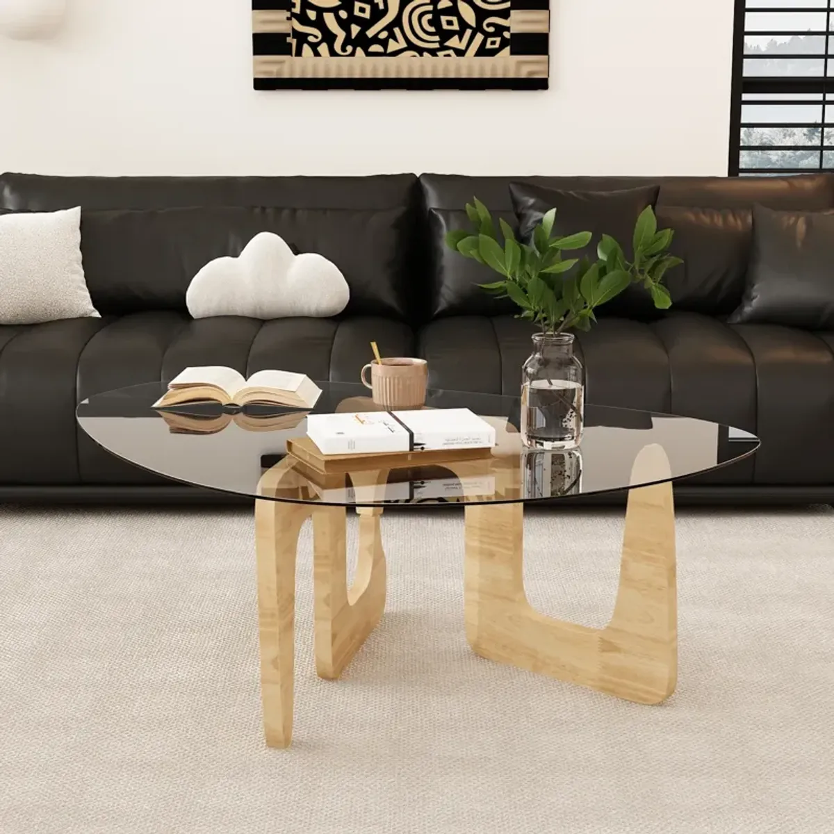 FUFU&GAGA Modern Coffee Table with Tempered Glass Top and Solid Rubberwood Base, Natural Finish (45.3" W x 27.6" D x 15.9" H), Clear glass