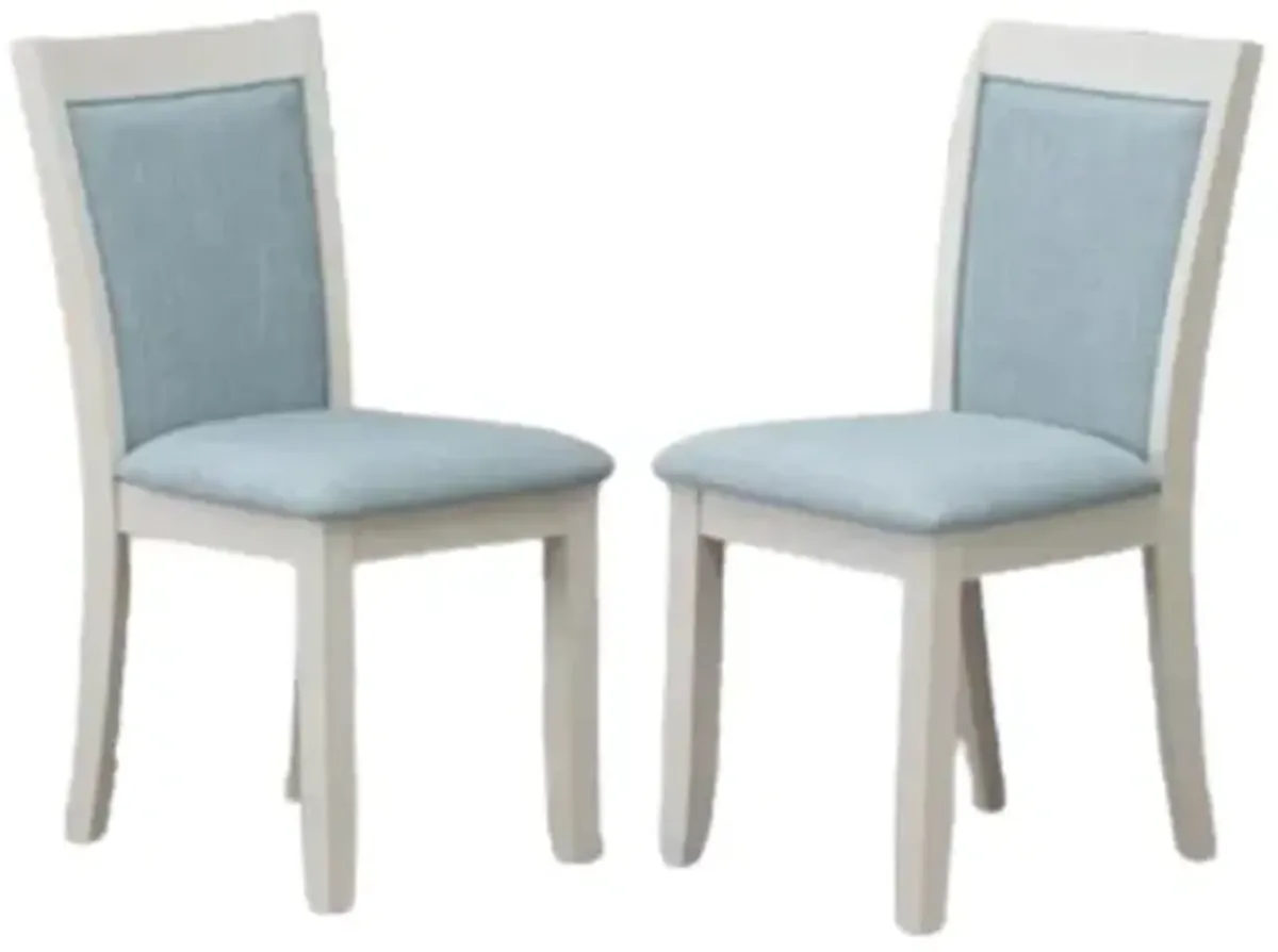 MZC0T15 Dining Room Chairs Set of 2 - Baby Blue Linen Fabric Seat and High Chair Back -Wire Brushed Linen White Finish (SET OF 2)