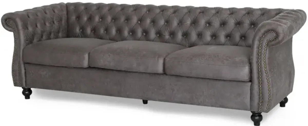 Feji Sofa, Button Tufted, Nailhead Trim, Slate Gray Microfiber - Benzara